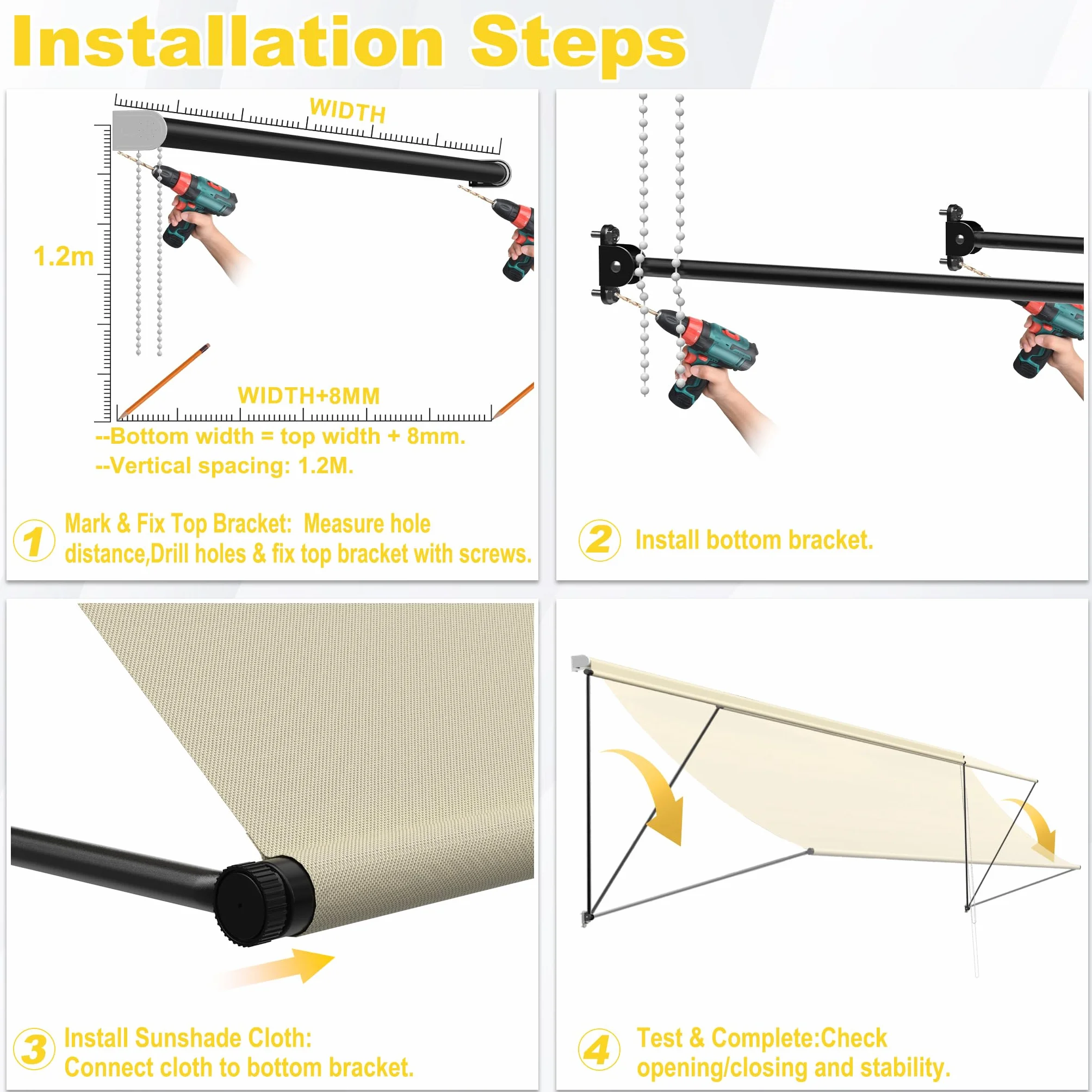 Tenda da sole parasole 200x143cm, tessuto poliestere 180g/m², bracci cadenti, telaio alluminio per balcone