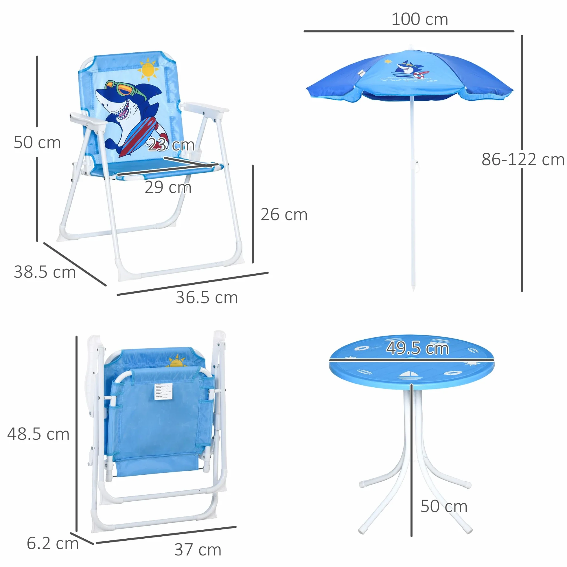 Outsunny Tavolo e Sedie per Bambini da Giardino con Ombrellone Regolabile, Set 4 Pezzi, Blu