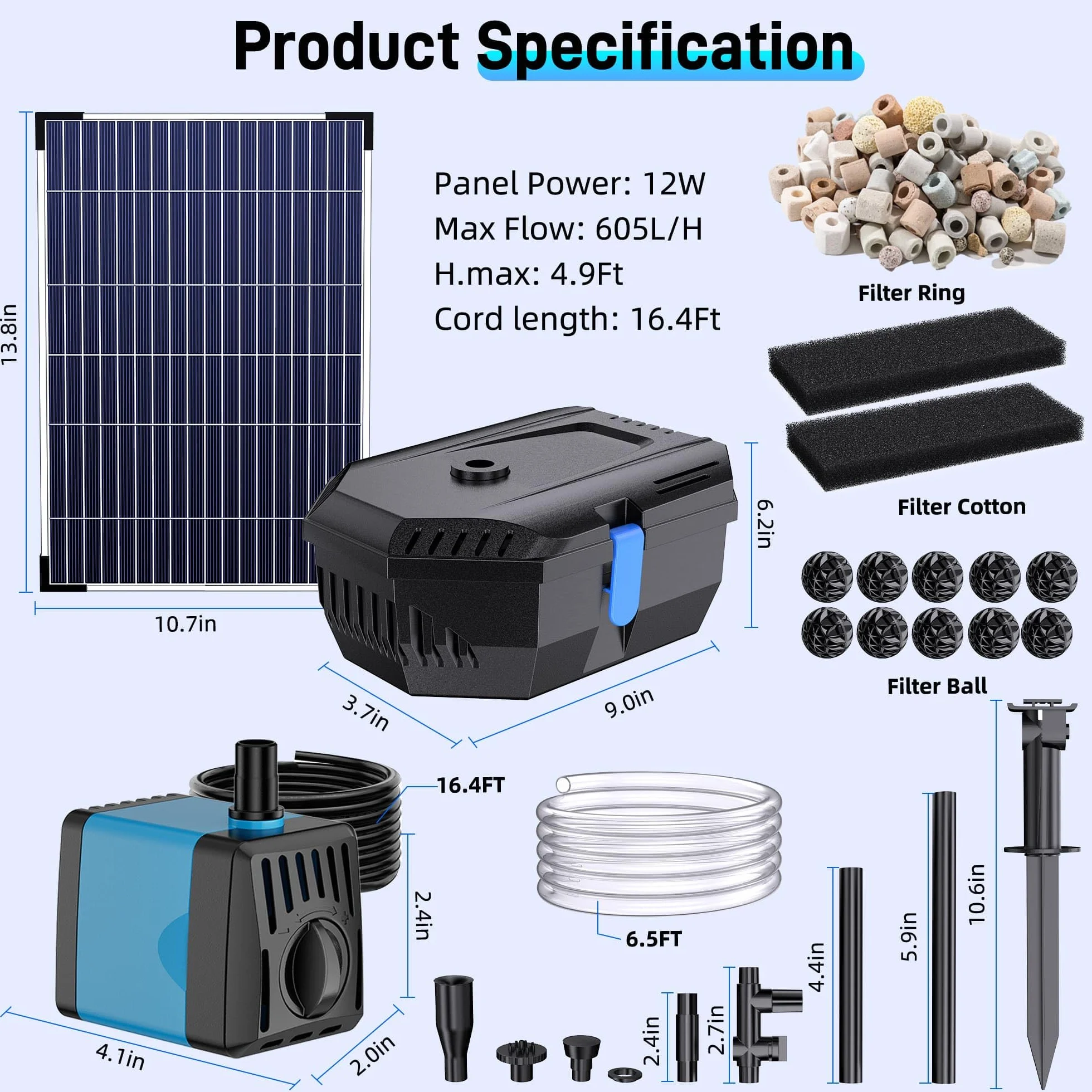 Biling 12 W Filtro da bacino solare con 4 ugelli, pompa solare per bacino con sistema di filtrazione biologico per laghetto fino a 800 l, fontana solare esterna per giardino e balcone, decorazione