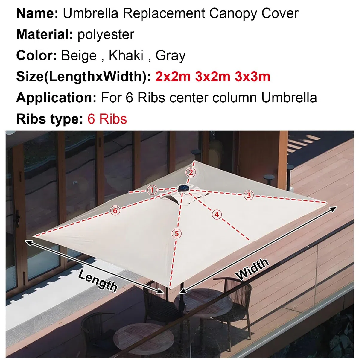 Copertura Di Ricambio Per Ombrellone Da Giardino Esterno, Telo Di Ricambio Per 2x2m 3x2m 3x3m Ombrellone, 6 Stecche, Impermeabile, Baldacchino Di Ricambio Ombrellone Spiaggia Piscina(Grays,3x2m)