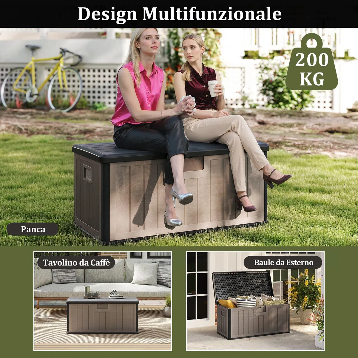 RELAX4LIFE Cassapanca Contenitore da Esterno cper Esterni da 378 L, in Resina per Interni ed Esterni con Coperchio Bloccabile, Impermeabile per,Attrezzi, Accessori per Piscina (MARRONE 2)