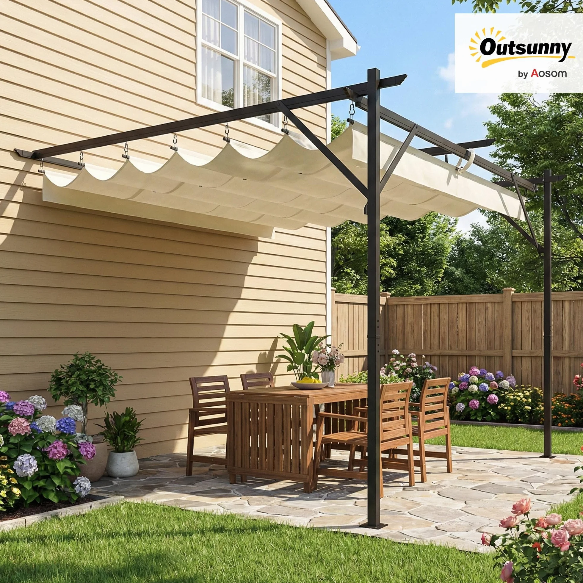 Outsunny Gazebo Pergola Addossata 3x3 m Tetto Retrattile Scorrevole Fori Drenaggio Pergolato Giardino Poliestere Acciaio Patio Terrazzo Esterno UV30+ Bianco Crema