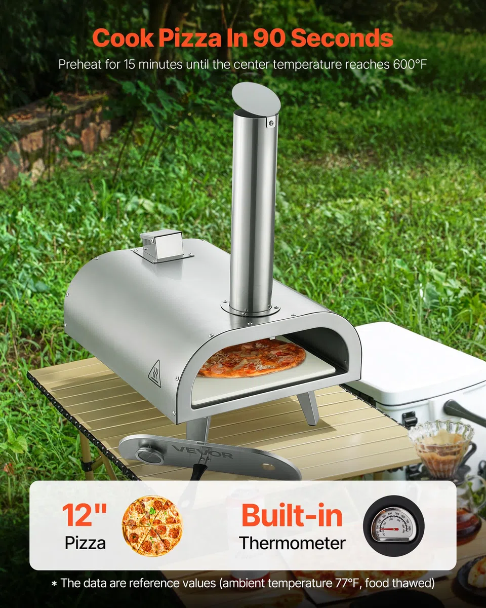 Pizzaoven VE VOR Forno per Pizza da Esterno Portatile 12 Pollici a Legna con Termometro Integrato Argento