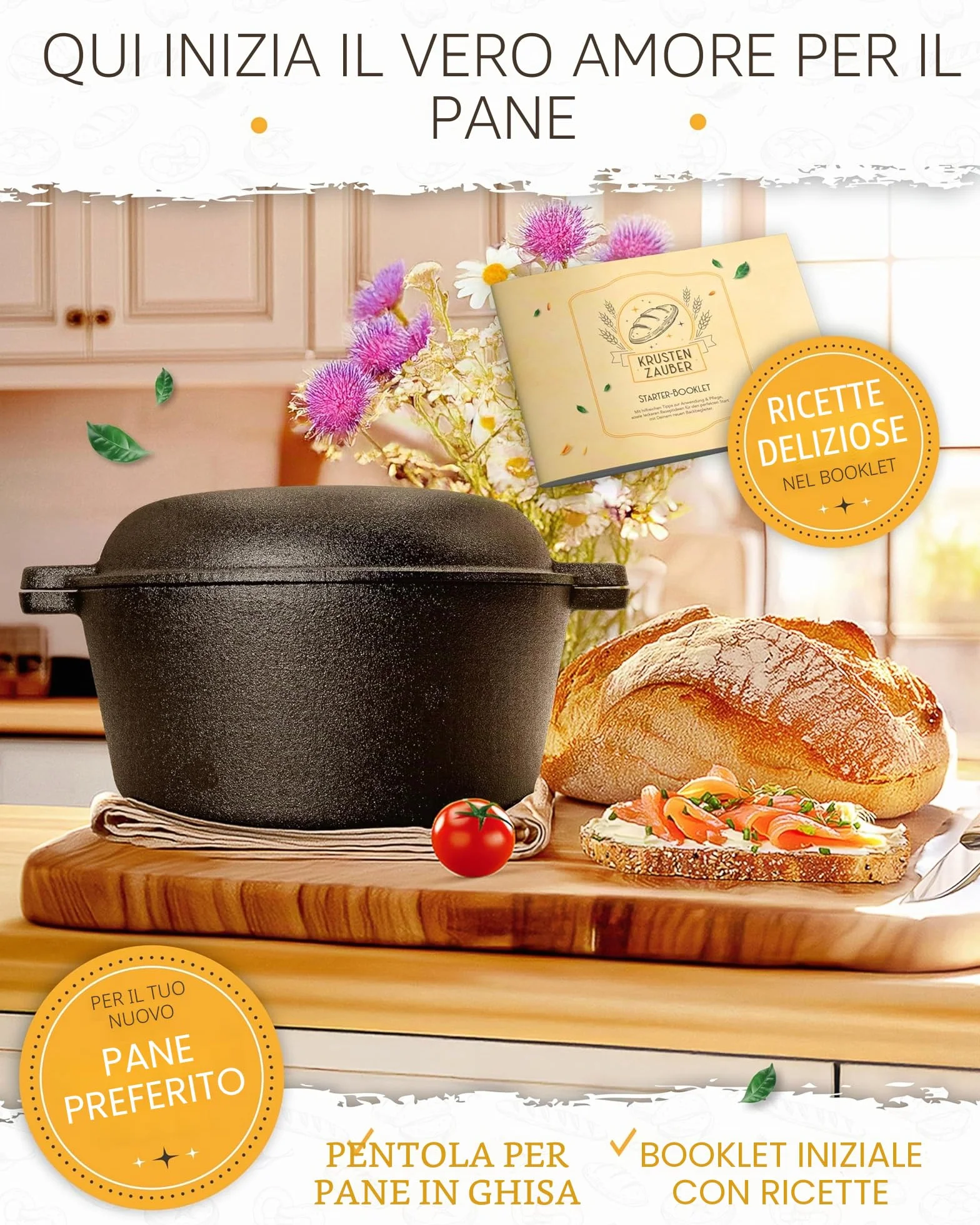 KRUSTENZAUBER Pentola in ghisa con coperchio – 26 cm Dutch Oven come teglia in ghisa o pentola per pane – Cast Iron Pot come pentola di alta qualità con ricette