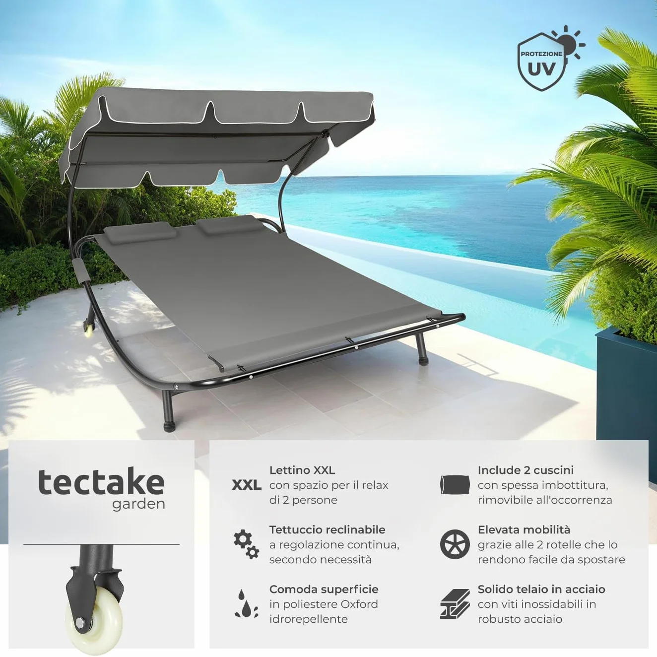 Tectake Lettino Prendisole Doppio con 2 Cuscini da Esterno, Telaio in Metallo, Rotelle, Tenda da Sole Pieghevole - Nero/Grigio
