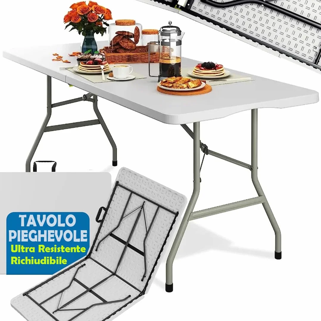 BAKAJI Tavolo Pieghevole in Resina HDPE 183x76x72cm Struttura in Metallo Rinforzato