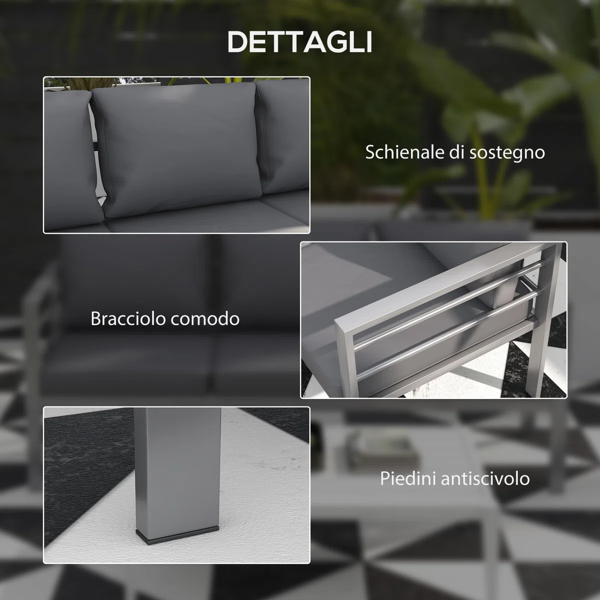 Outsunny Divano da Giardino 3 Posti in Alluminio con Cuscini per Seduta e Schienale, Divano Moderno, 185x66x64 cm, Grigio