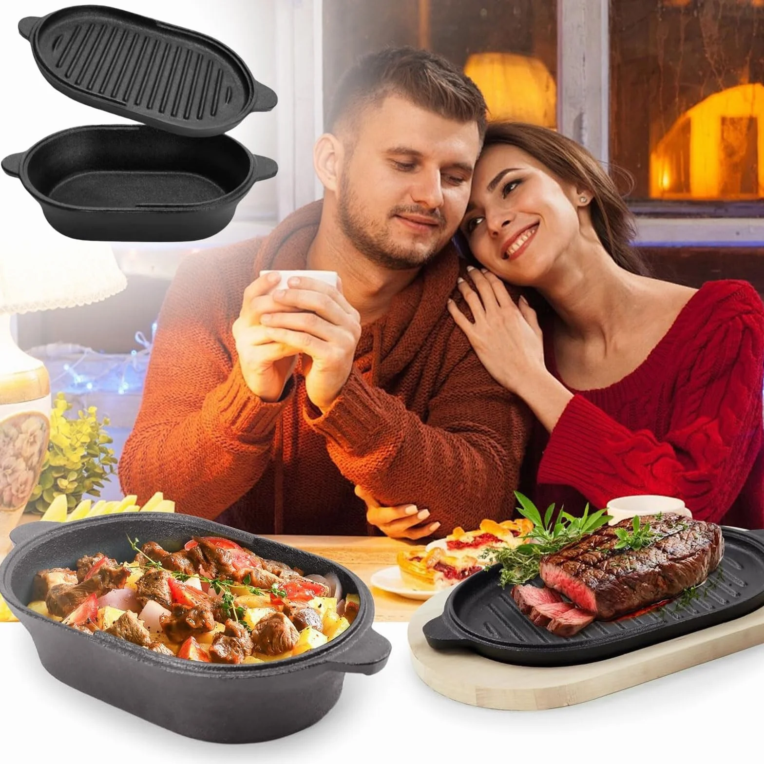 Pentola 2 in 1 in ghisa olandese, ovale 28 cm, grande padella in ghisa per cuocere il pane, pane e forno in ghisa con coperchio per cuocere a vapore, grigliare, zuppe, tostare, forno