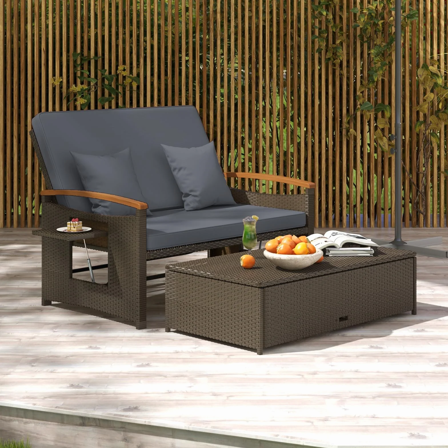 GIANTEX Divano da Giardino in Rattan a 2 Posti con Funzione Allungata, Set di Mobili in Rattan con Sgabello, Doppia Sedia a Sdraio per 2 Persone, 3 Colori (Cuscino Grigio)
