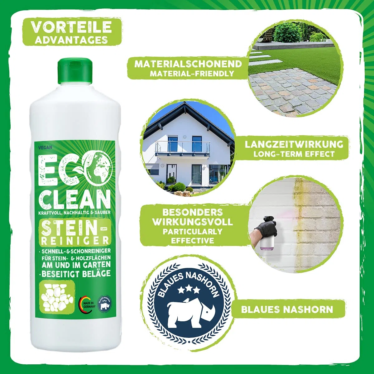 Detergente per pavimenti in pietra 1 litro Eco Clean - rimuove alghe e muschio senza strofinare