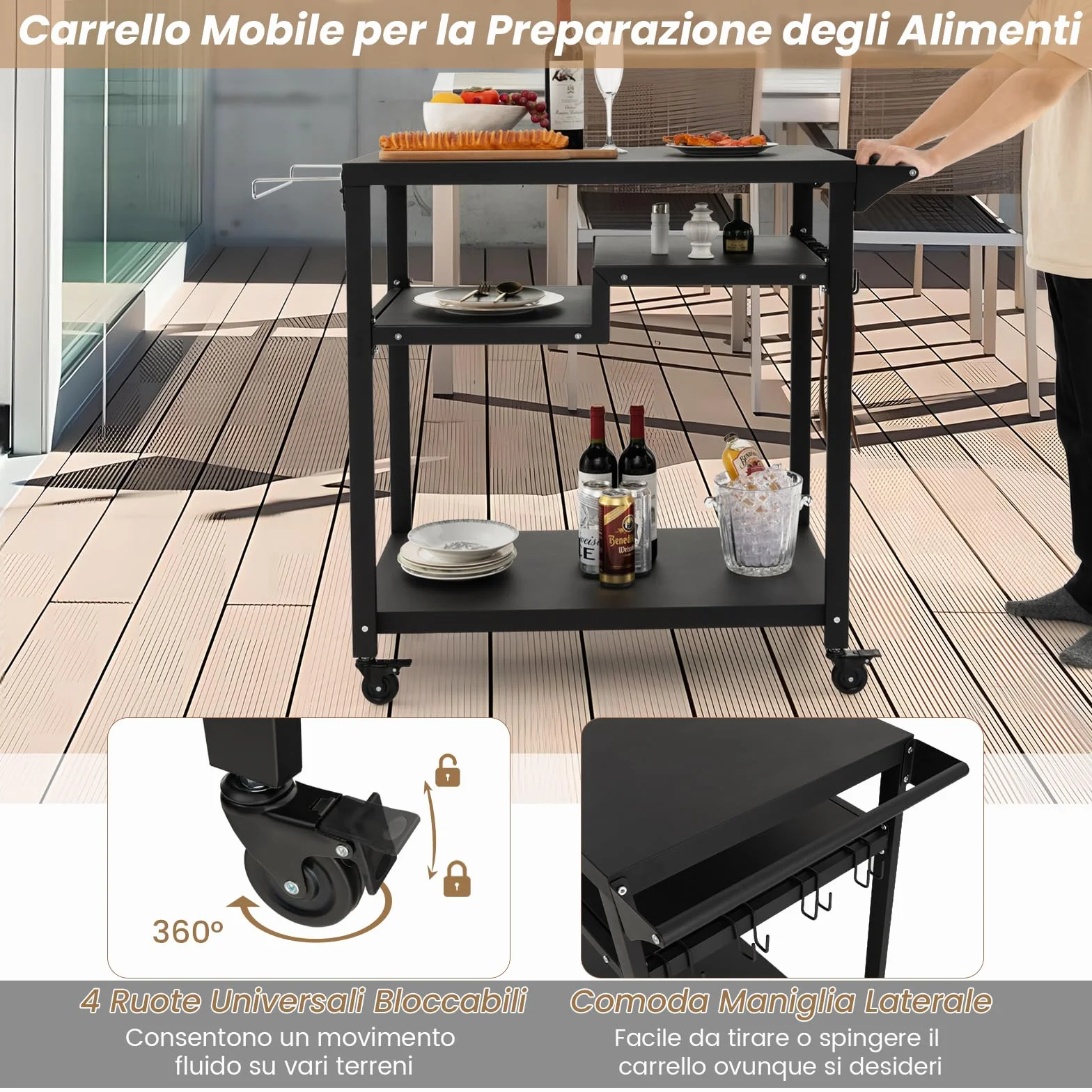 COSTWAY Carrello Barbecue da Esterno Portatile 3 Ripiani 4 Ruote Bloccabili