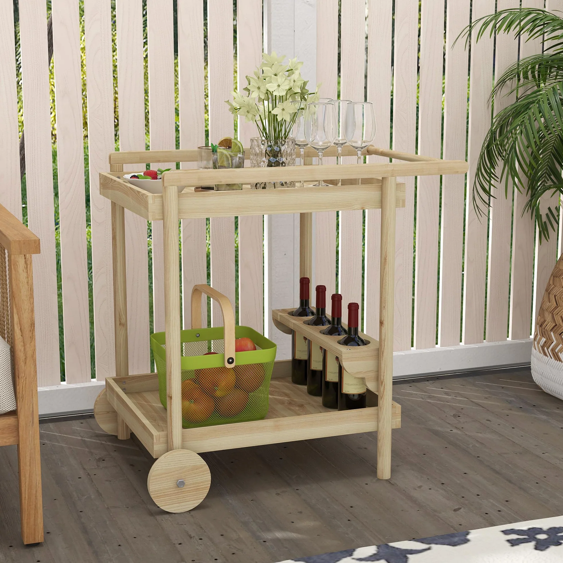 Outsunny Carrello da Giardino in Legno di Abete a 2 Ripiani, 78x58.5x75 cm
