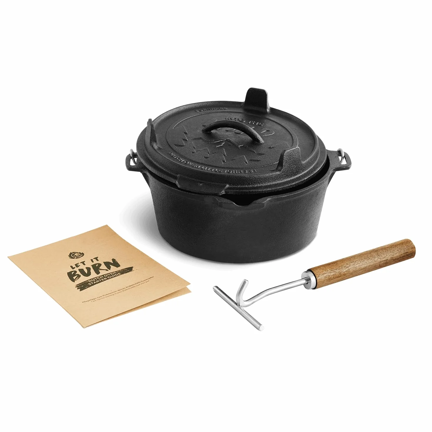 Dutch Oven BURNHARD® in ghisa, 5,6 l capacità, coperchio multifunzione, sollevatore coperchio, per barbecue e focolare, ideale per stufati – Little John