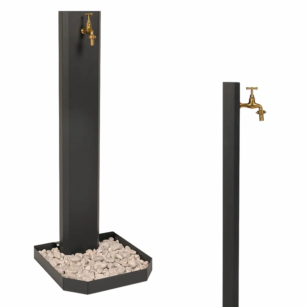 Fontana da giardino, per esterno. Fontanella a colonna moderna, colore antracite, in acciaio. Rubinetto in ottone, flessibile, raccordo e ciottoli Compresi. Altezza 1mt (CON CIOTTOLI, ANTRACITE)