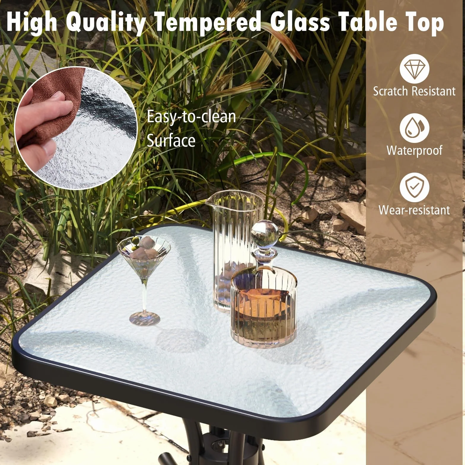 GIANTEX Tavolino da Giardino 50 cm, Tavolino Quadrato con Piano in Vetro Temperato, Struttura Metallica Resistente, Tavolino da Caffè da Esterno per Giardino, Balcone, Piscina, Nero