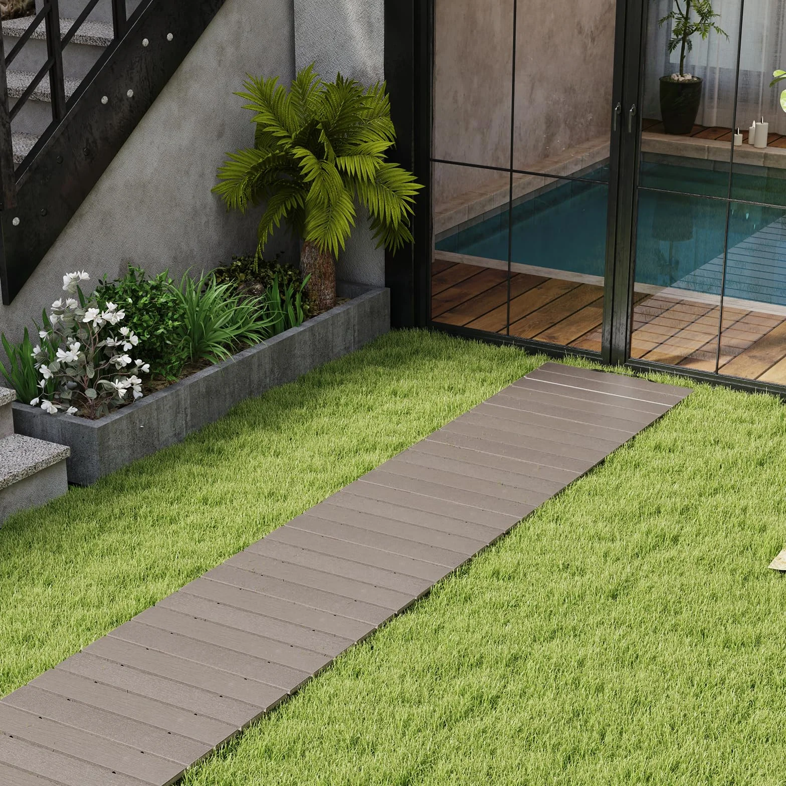 SOARS Passerella da Giardino Pieghevole 242 x 43 cm, Sentiero da Prato in HDPE con Cavi in Acciaio, Percorso da Prato Antiscivolo per Cortile e Spiaggia, Grigio