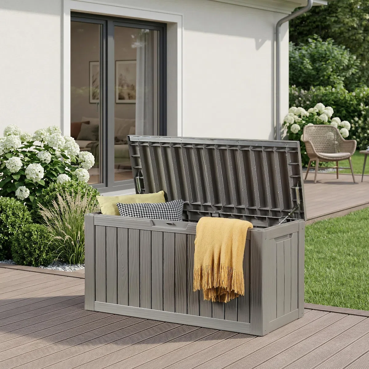 casa.pro Baule da Giardino Contenitore per Esterno Portatutto da 300 L in Plastica Cassone Multiuso Impermeabile Attrezzi Cuscini per Balcone Patio Outdoor 117x47x59 cm - Grigio Chiaro, Effetto Legno