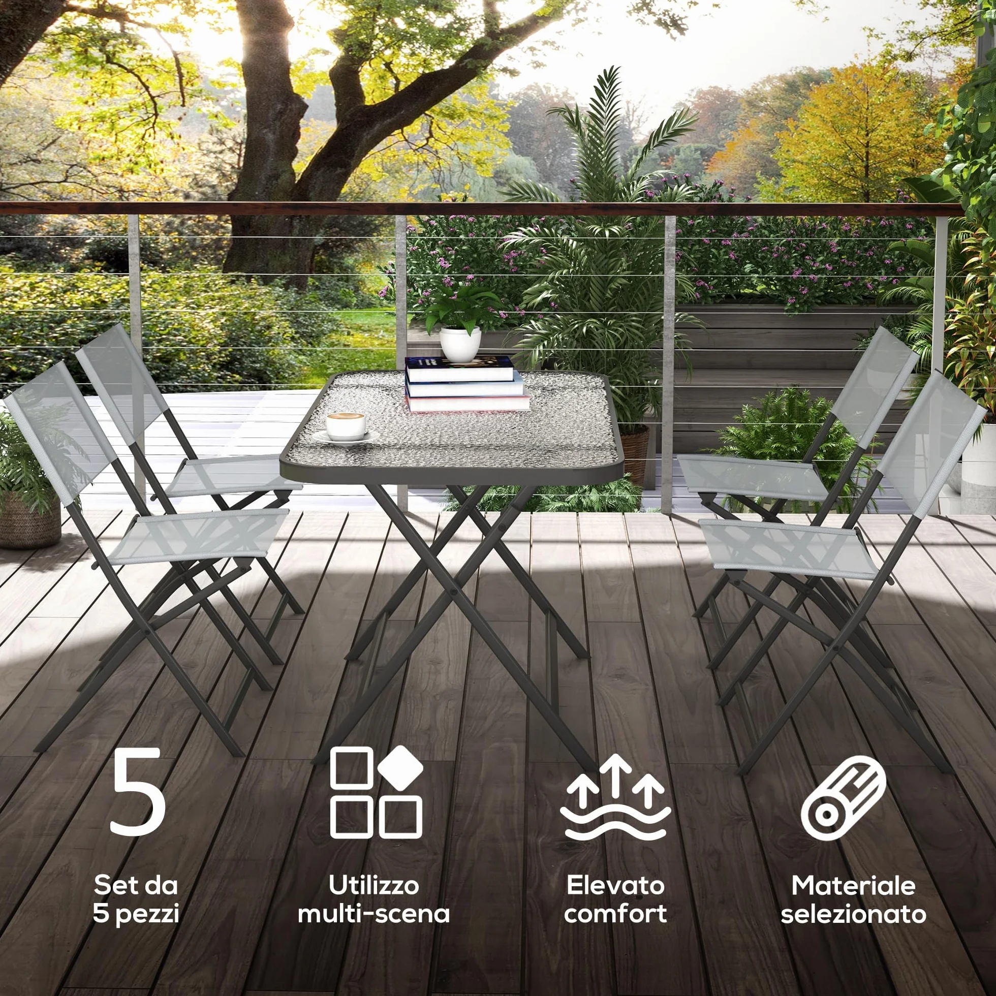 Outsunny Set Tavolo e Sedie da Giardino 5 Pezzi Pieghevole, Metallo, Grigio