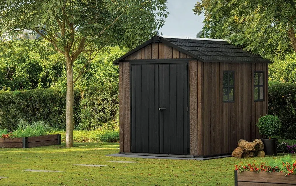 Keter Casetta da Giardino Apex 759/975 Walnut, Effetto Legno Noce Naturale, Porte e Finestre Orientabili, 5,2 m², 230x287x246H cm