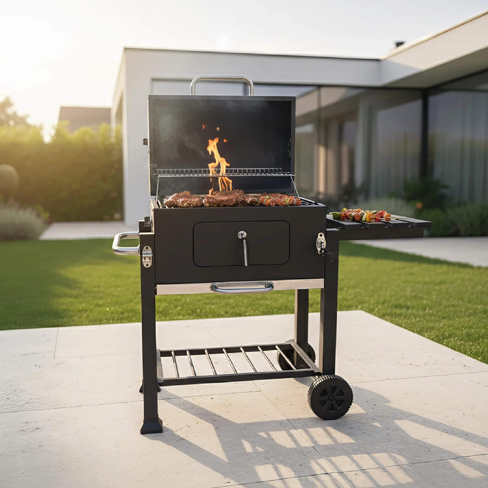 Barbecue a Carbone con Coperchio e Termometro, Griglia di Cottura e Mantenimento, Apertura Frontale, Ripiano Laterale, BBQ da Giardino con Ruote