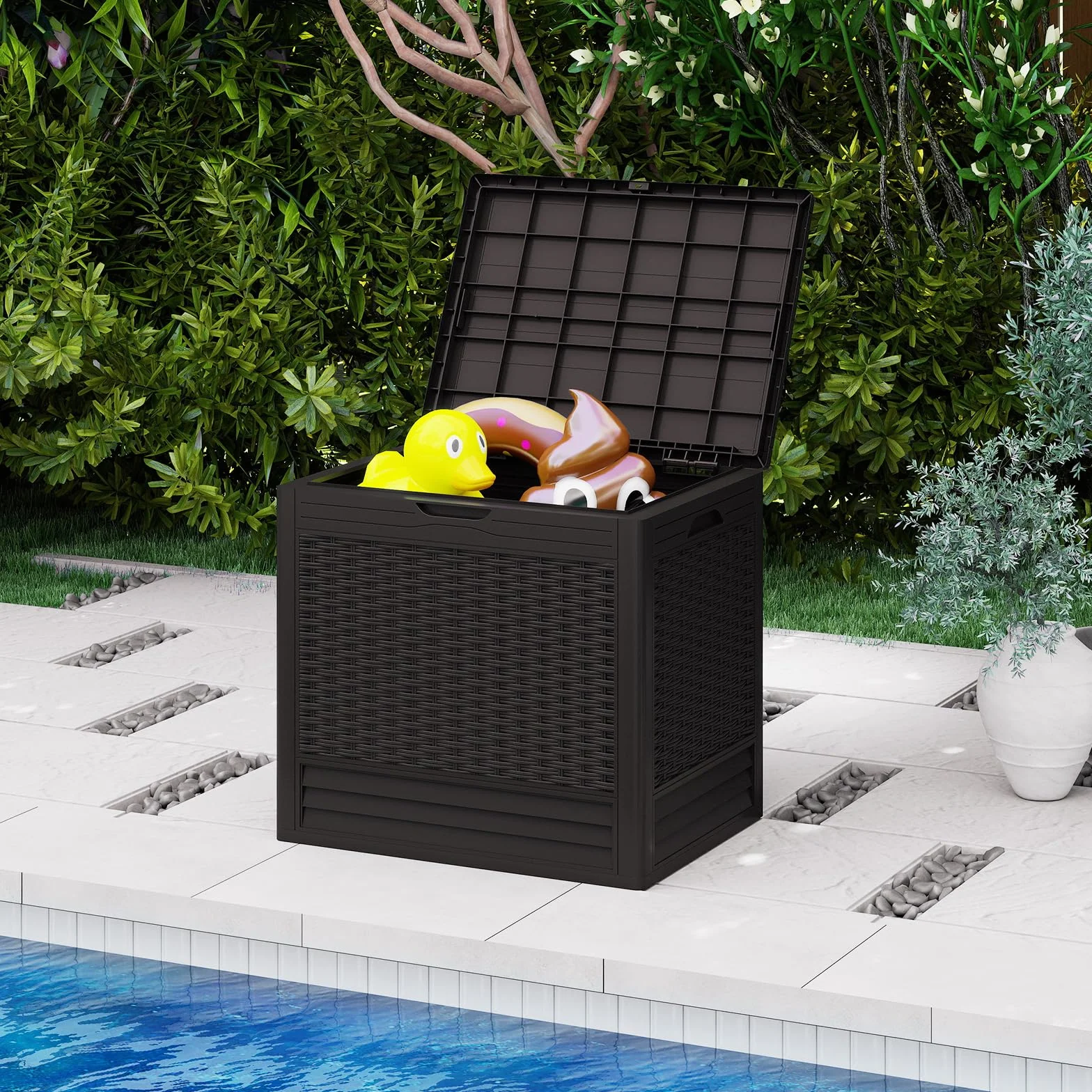 GIANTEX Contenitore da 96L, Scatola da Terrazza in PP Impermeabile per Uso Interno ed Esterno, Contenitore con Design in Rattan Chiudibile a Chiave per Consegna Pacchi (Marrone)