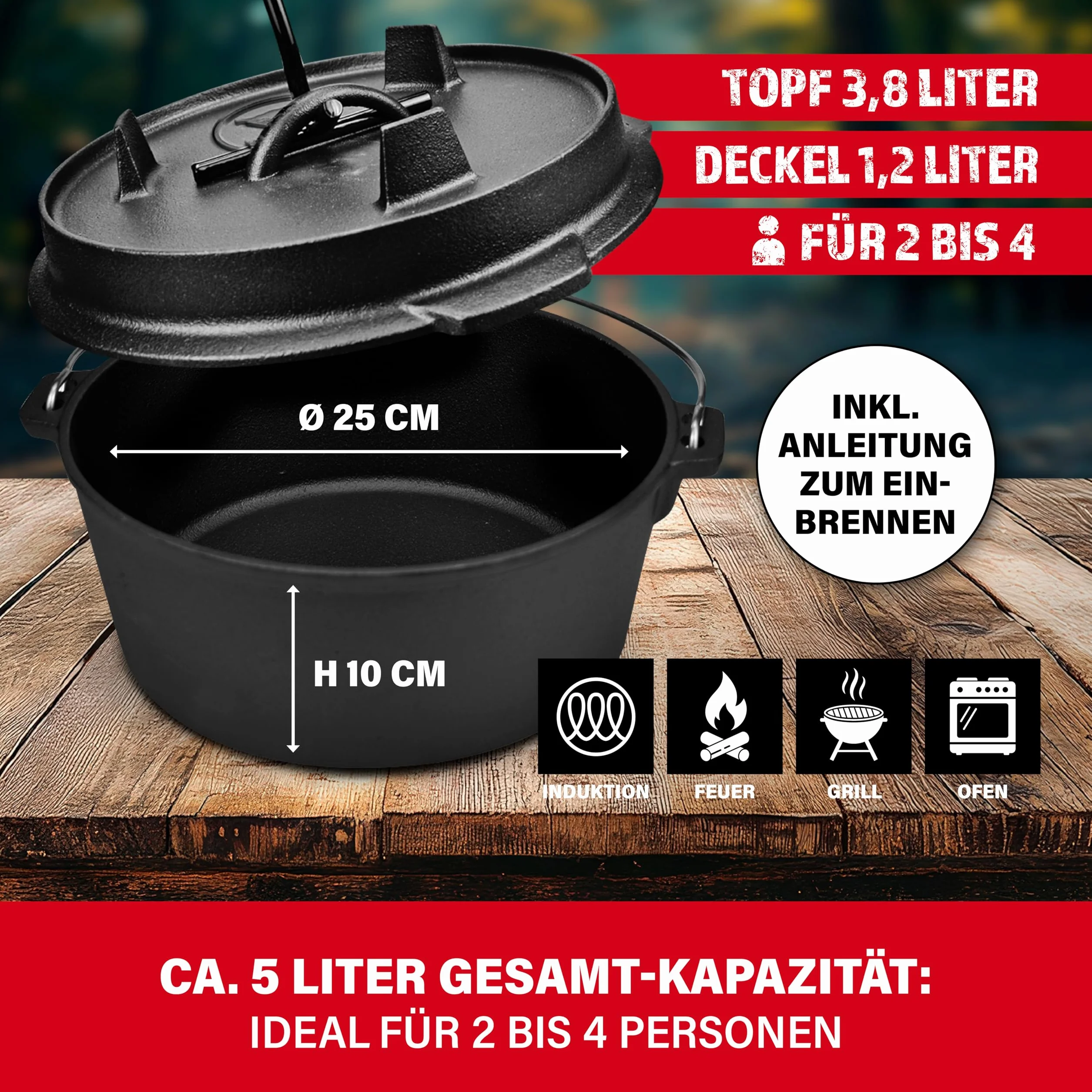 BBQ BOSS Dutch Oven [5L Capacità] Ghisa – Pentola – Cast Iron – Cast Iron – Casseruola – Bollitore per gulasch – Con coperchio