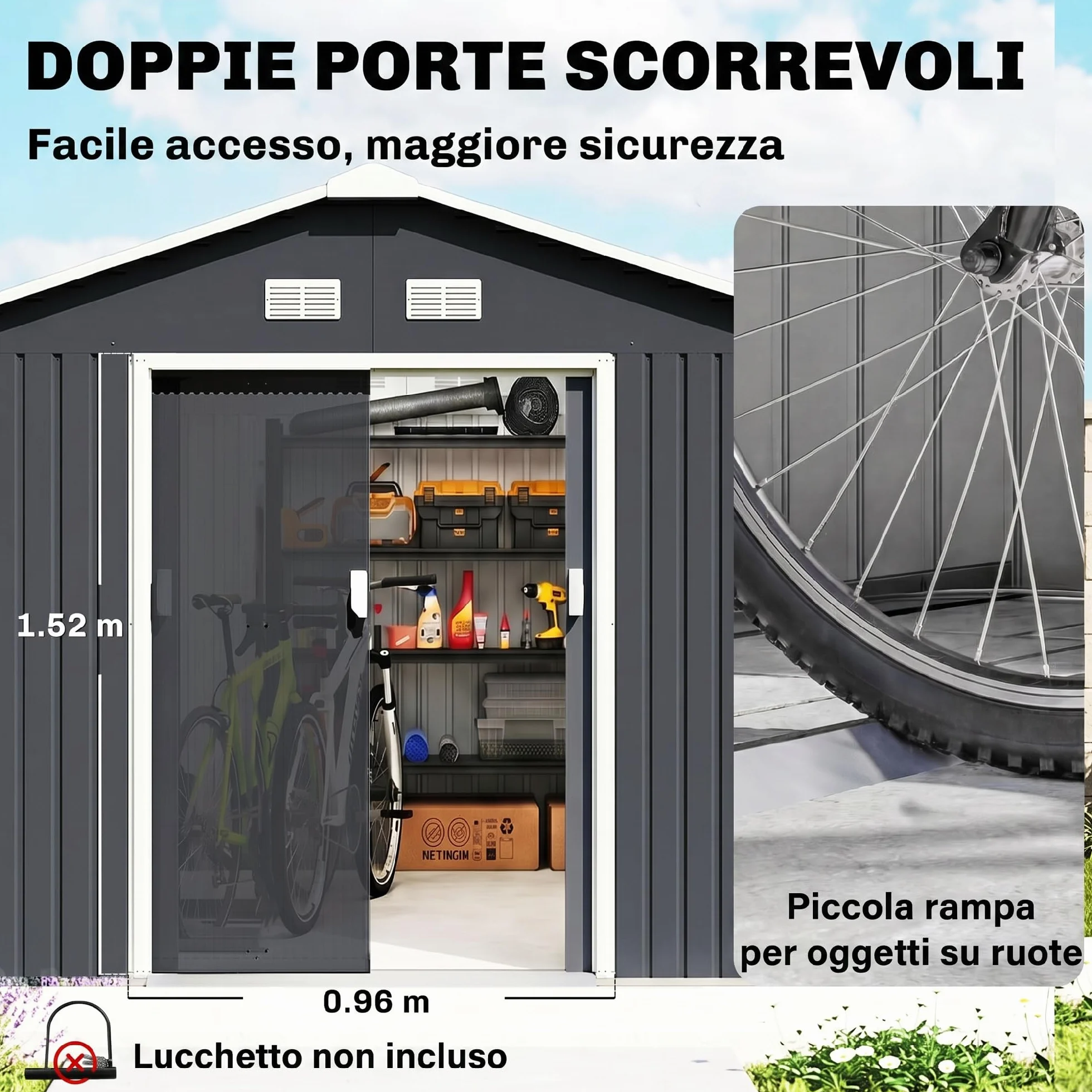 Outsunny Casetta da Giardino in Lamiera d'Acciaio 8.3 m² con 2 Porte Scorrevoli 277x322x192 cm Grigio Scuro