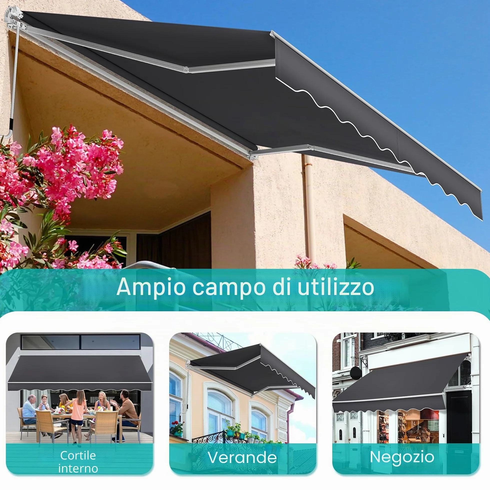 Tenda da sole per balcone con manovella impermeabile antipolvere altezza regolabile grigio scuro 3,6 x 3 m