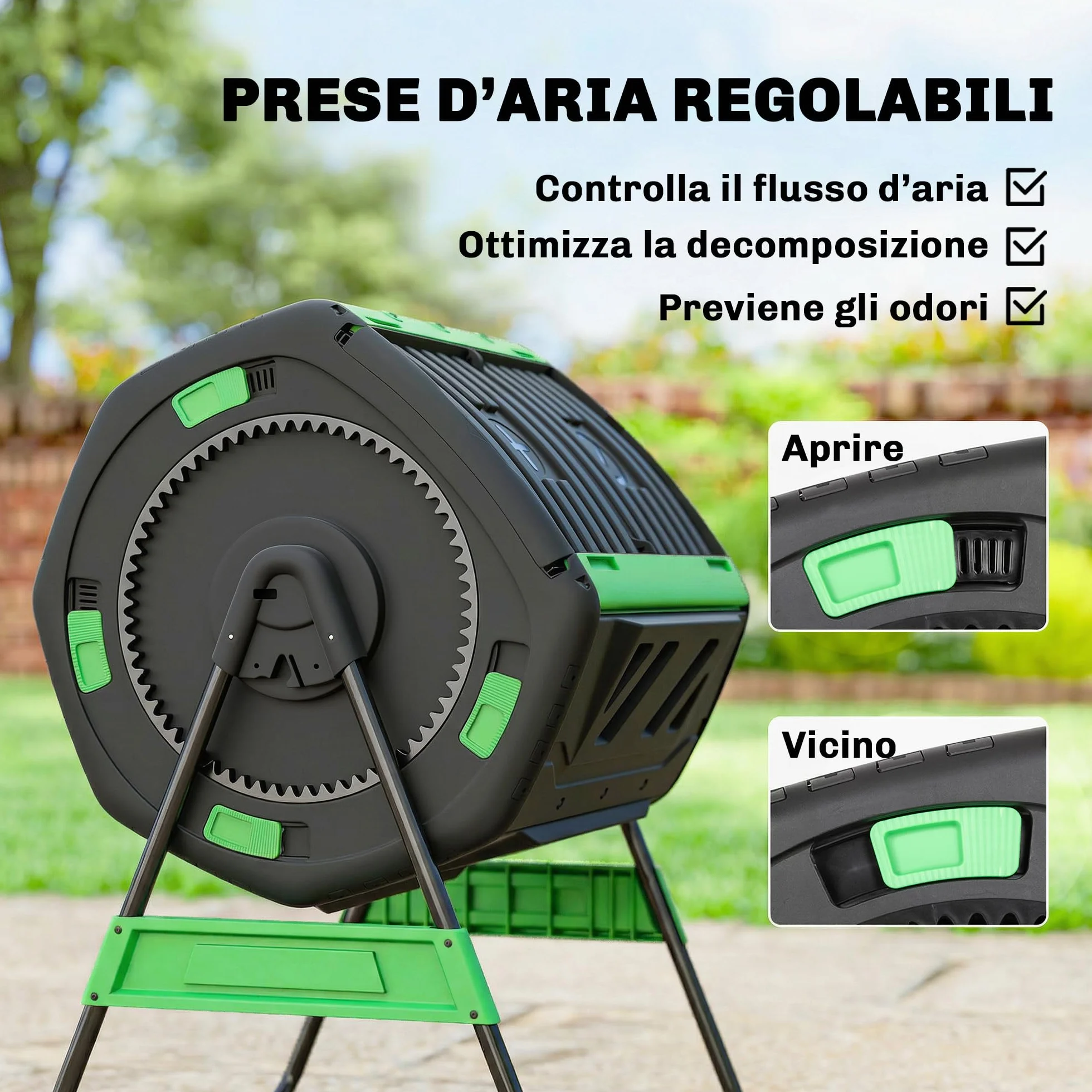 Outsunny Compostiera da Giardino Rotante 200L a Doppia Camera, Girevole 360°, Prese d'Aria, PP Senza BPA