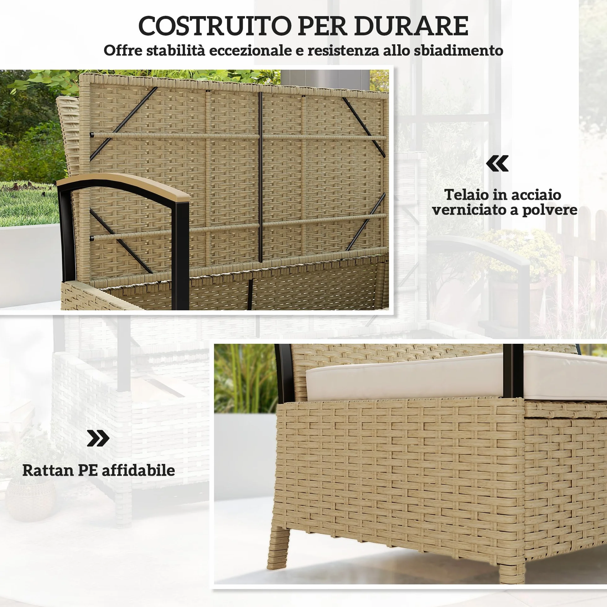 Outsunny Baule da Esterno, Panca Contenitore da Giardino 125L, Divanetto 2 Posti in Rattan PE con Cuscino Imbottito, Struttura in Metallo per Patio, Giardino e Balcone, Cachi