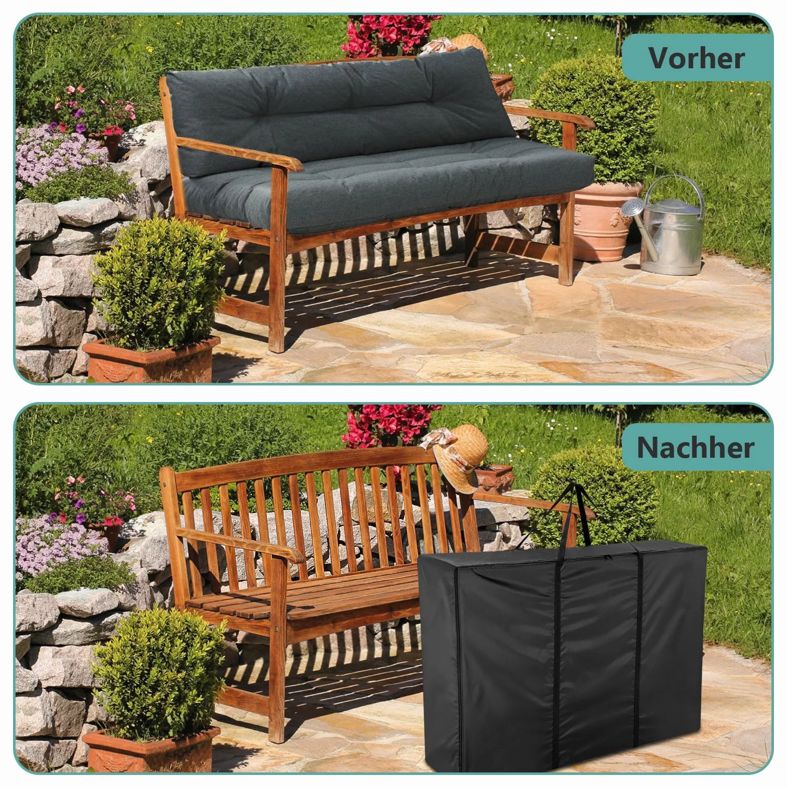 Borsa portaoggetti da giardino, impermeabile 420D, per cuscini da giardino, con chiusura lampo e maniglie, grande borsa nera (120 x 30 x 80 cm)