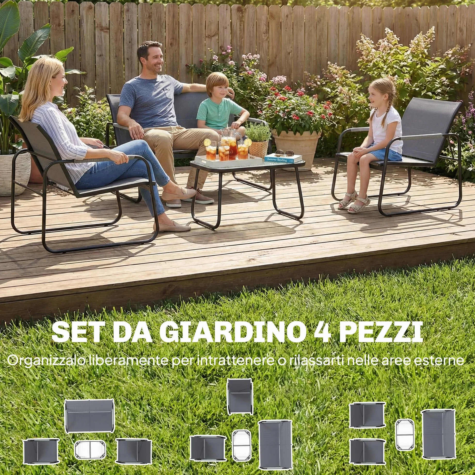 Outsunny Set Salotto da Giardino 4 Pezzi, Mobili da Giardino in Texteline con Tavolo in Vetro Temperato, Acciaio, Grigio