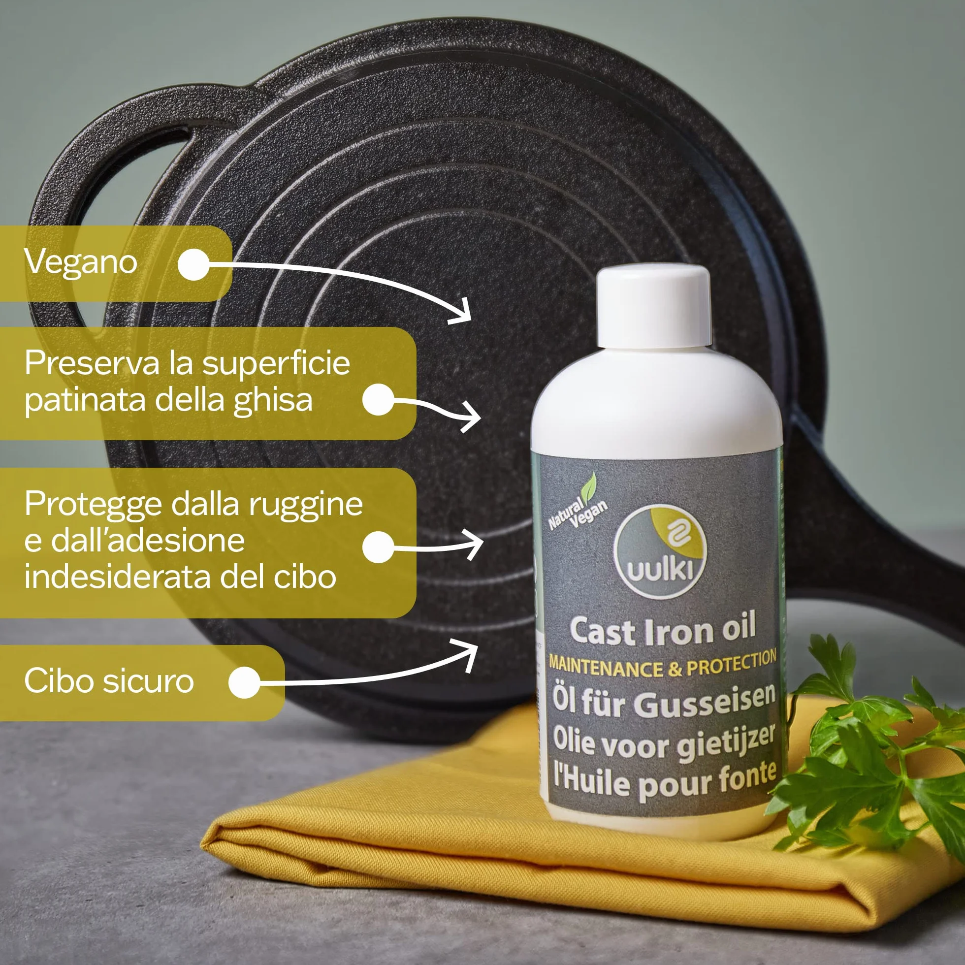 Uulki® Olio e Condizionatore per Ghisa - Per manutenzione di Pentole, Padelle, Griglie, Forni olandesi in ghisa - Protezione dalla Ruggine - 100% vegetale/Vegan ecologici (250ml)