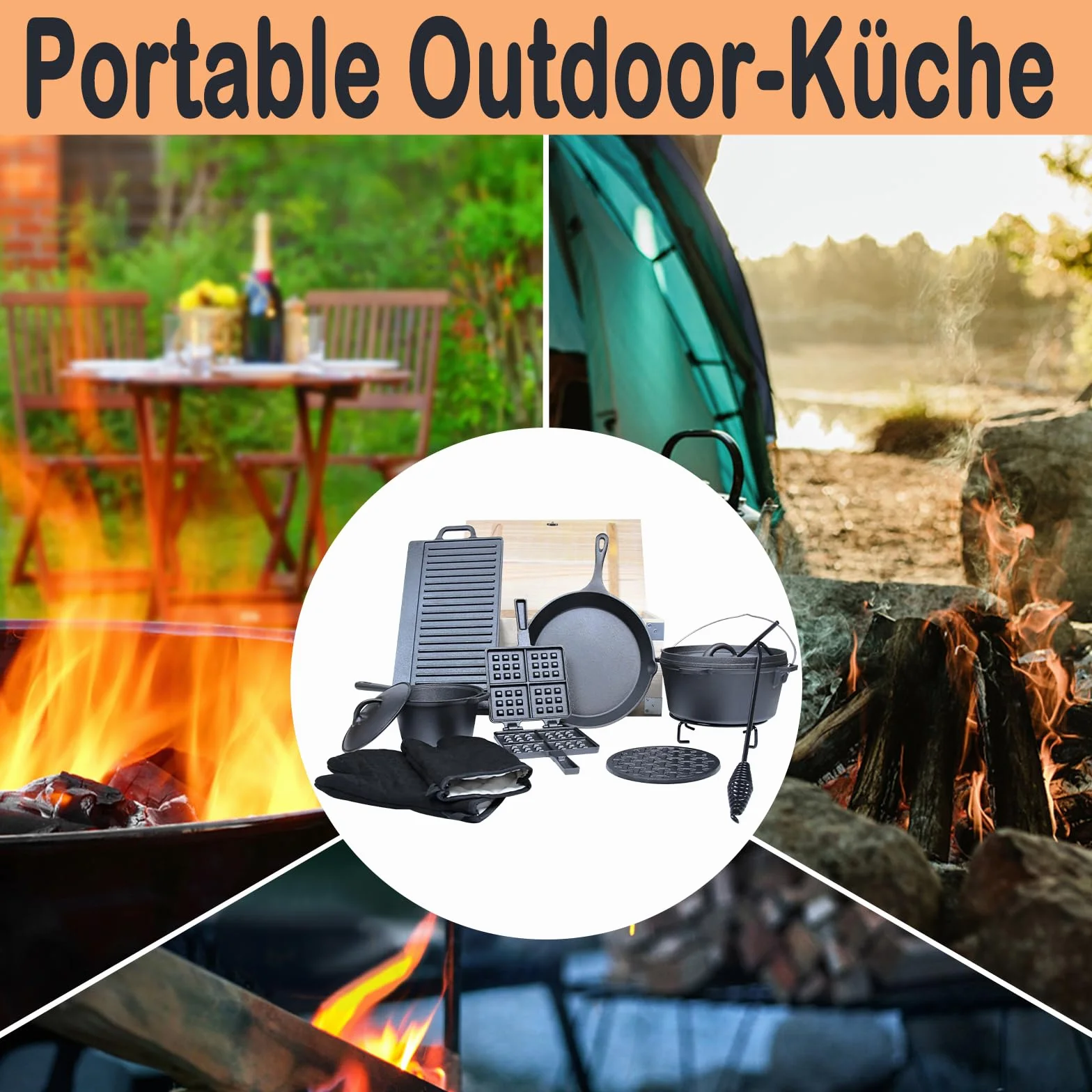 Dutch Oven Set da 12 pezzi in scatola di legno per barbecue con piedini e coperchio, pentola in ghisa per forno a microonde e per interni con molti accessori