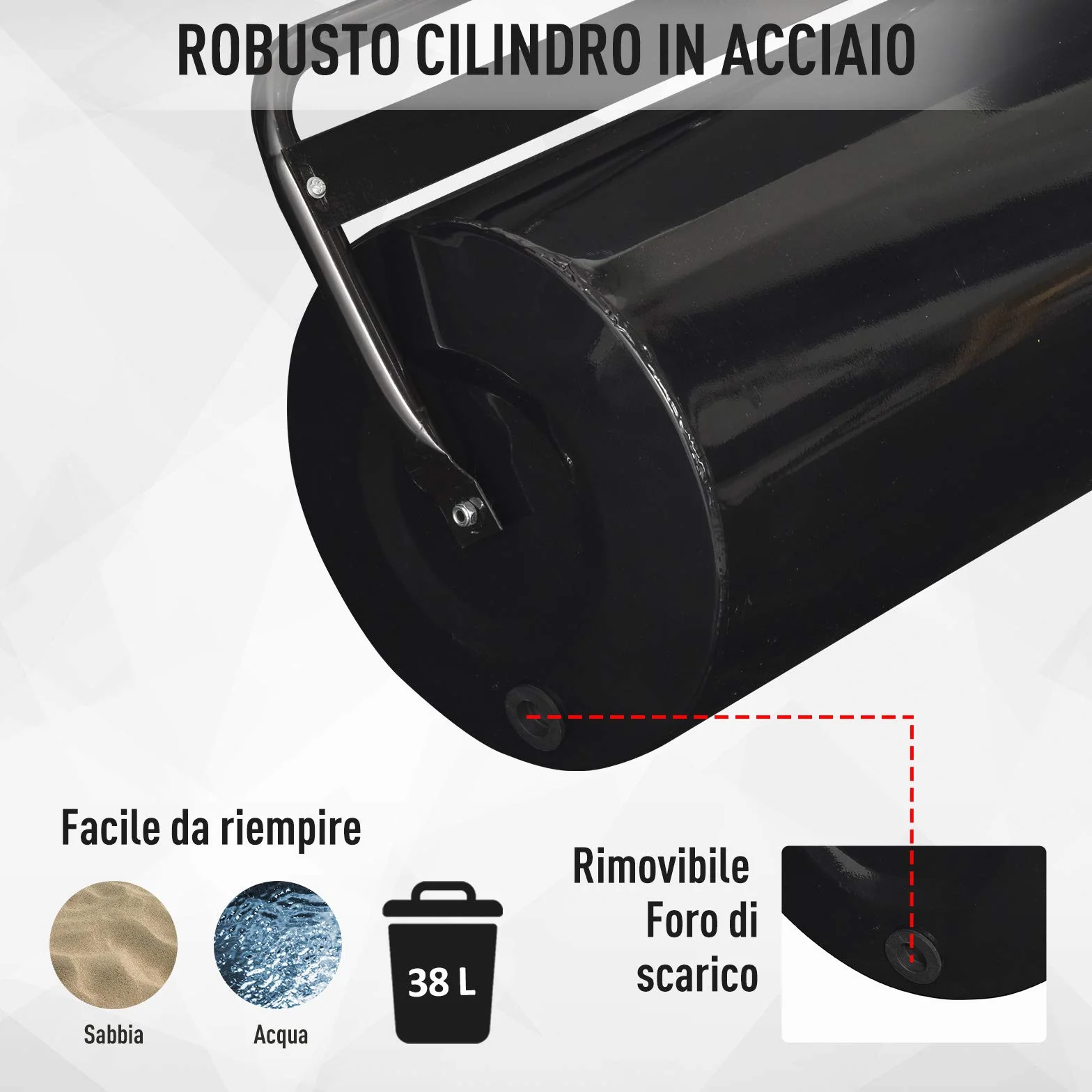 Outsunny Rullo da Giardino Φ32x50cm in Metallo Impermeabile Nero, Serbatoio Fino 38 Litri (Acqua o Sabbia)