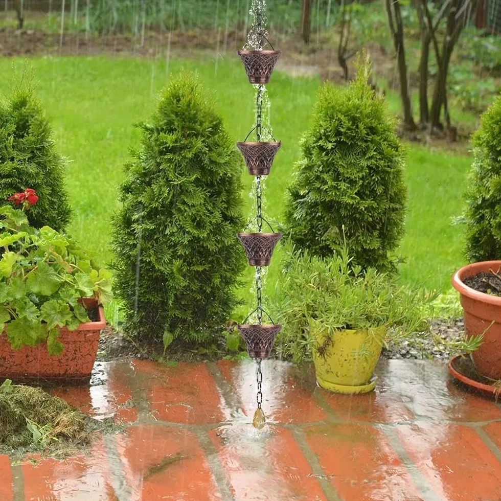 Catene da pioggia per esterni, catena per grondaia da 2,8 m, con 12 tazze a imbuto, catena di ricambio per grondaie, catena raccogli pioggia regolabile con campana per decorazioni da giardino