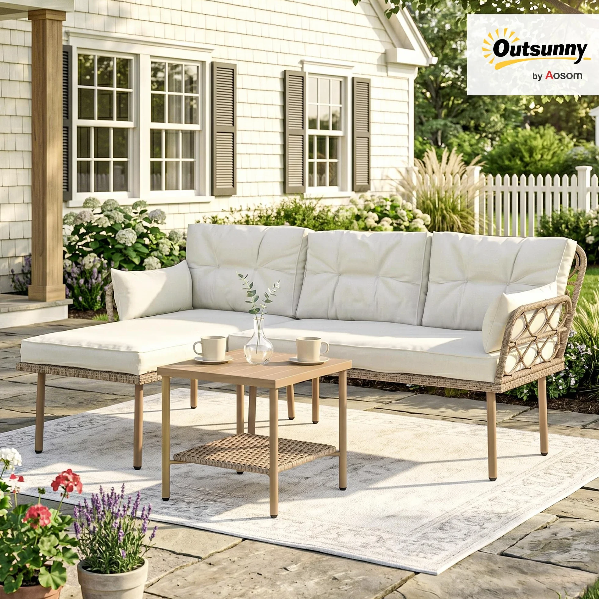 Outsunny Set Giardino Rattan 3 Pezzi Salotto Esterno Divanetto 2 Posti Chaise Longue Cuscini Lavabili Tavolino Caffè Crema