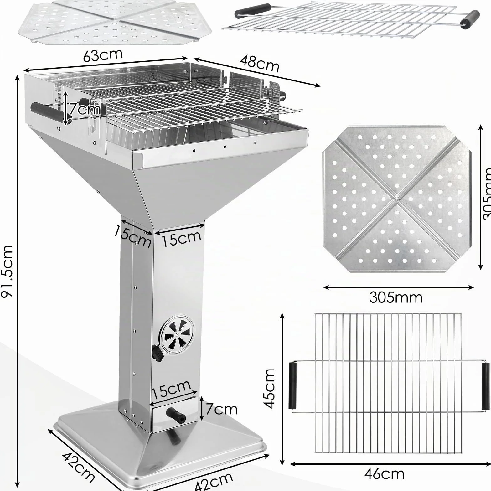 TLGREEN Barbecue a colonna in acciaio inox 63x48x92cm con griglia cromata e altezza regolabile