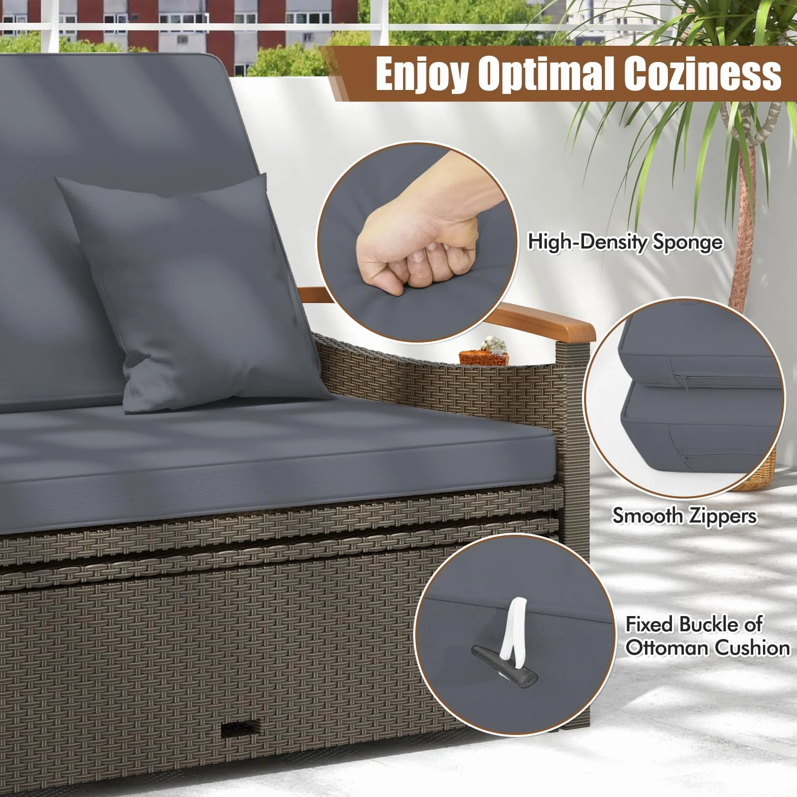 GIANTEX Divano da Giardino in Rattan a 2 Posti con Funzione Allungata, Set di Mobili in Rattan con Sgabello, Doppia Sedia a Sdraio per 2 Persone, 3 Colori (Cuscino Grigio)
