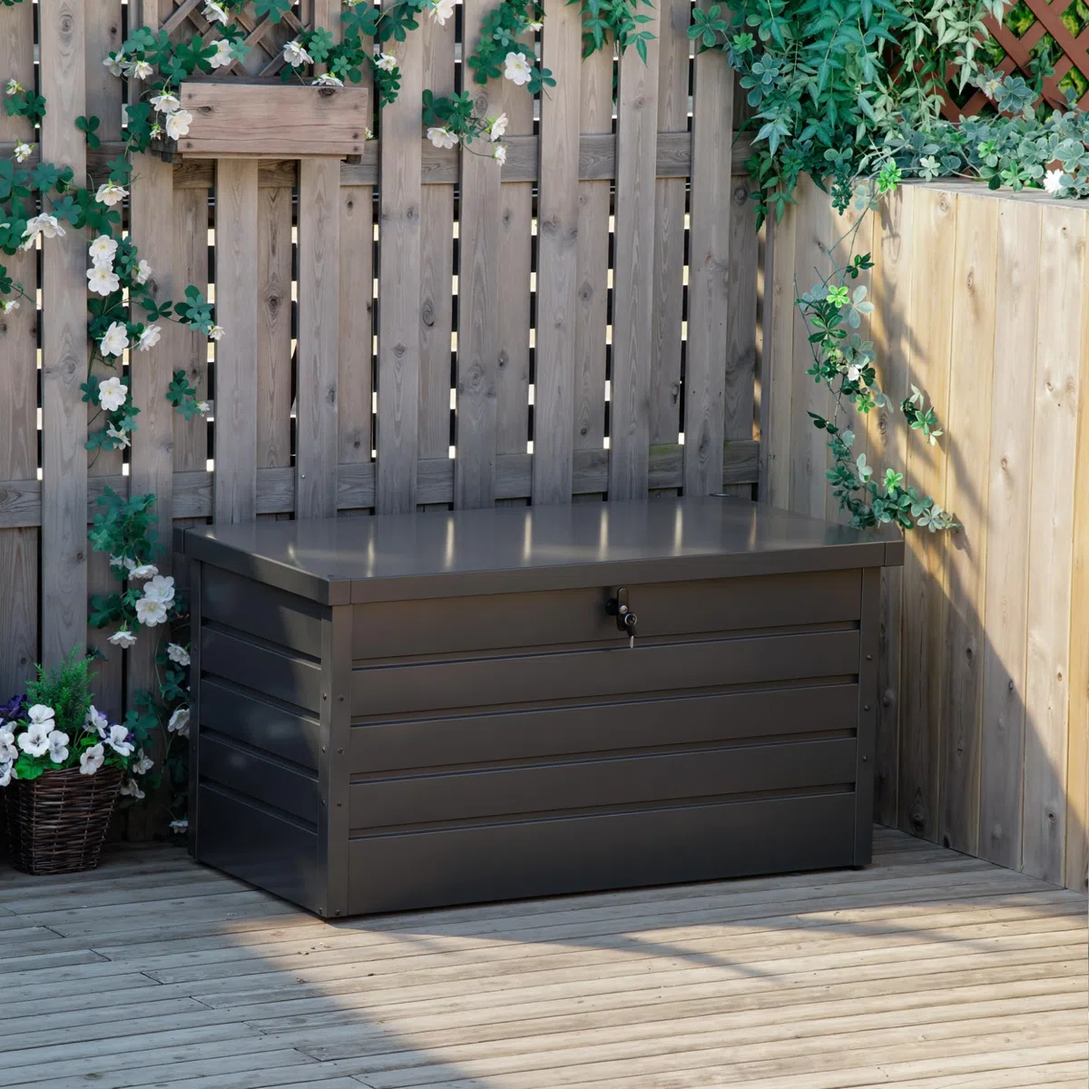 Outsunny Panca Baule Contenitore da Giardino con Chiave, Cassapanca Moderna in Acciaio, Grigio, 120x62x62cm