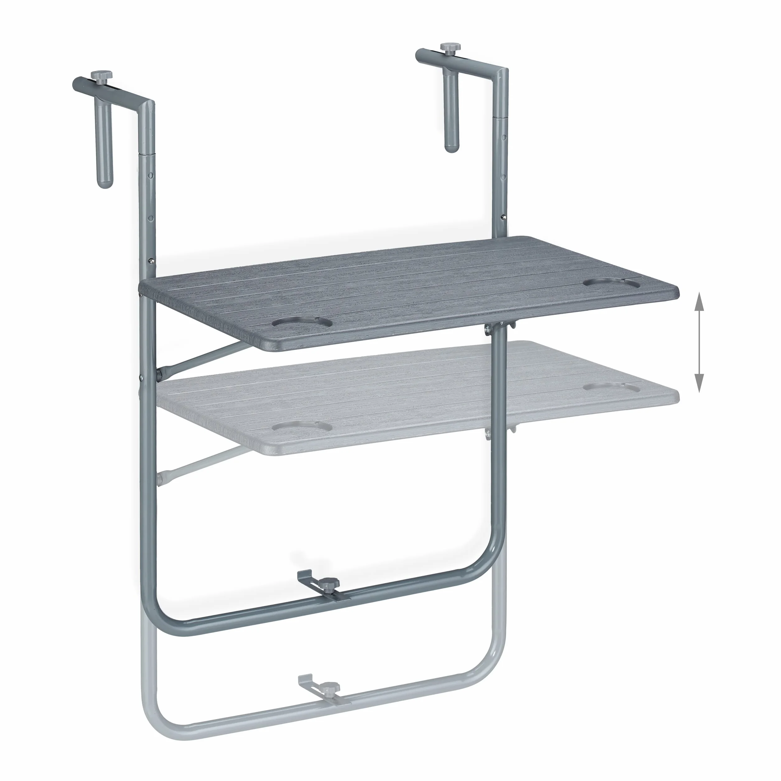 Relaxdays Tavolino da Balcone Pieghevole, 59,5 x 60 cm, Mini Tavolo Appeso, Regolabile in Altezza, Salvaspazio, Grigio