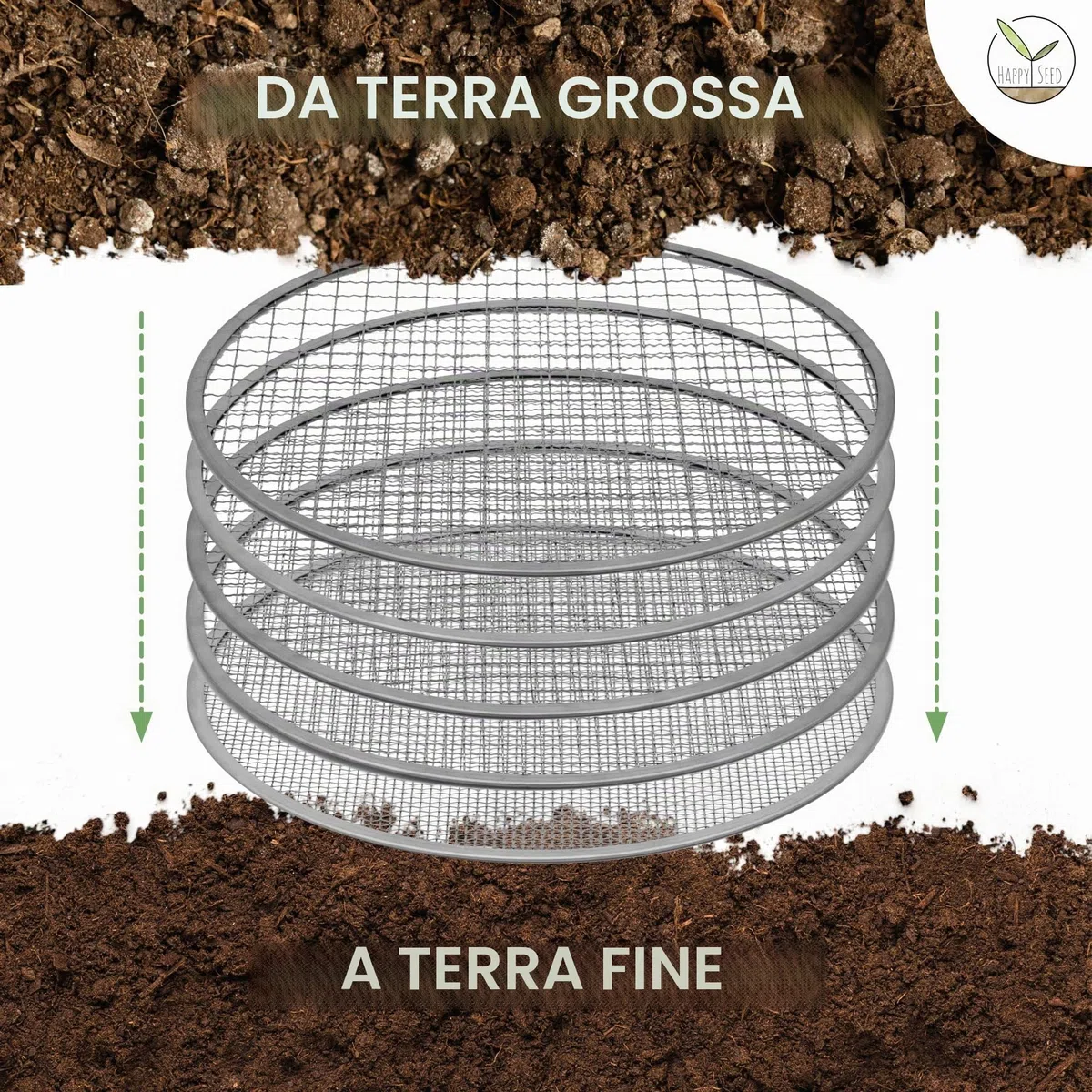Setaccio da giardino rotondo 30 cm acciaio inox 5 inserti intercambiabili paletta inclusa