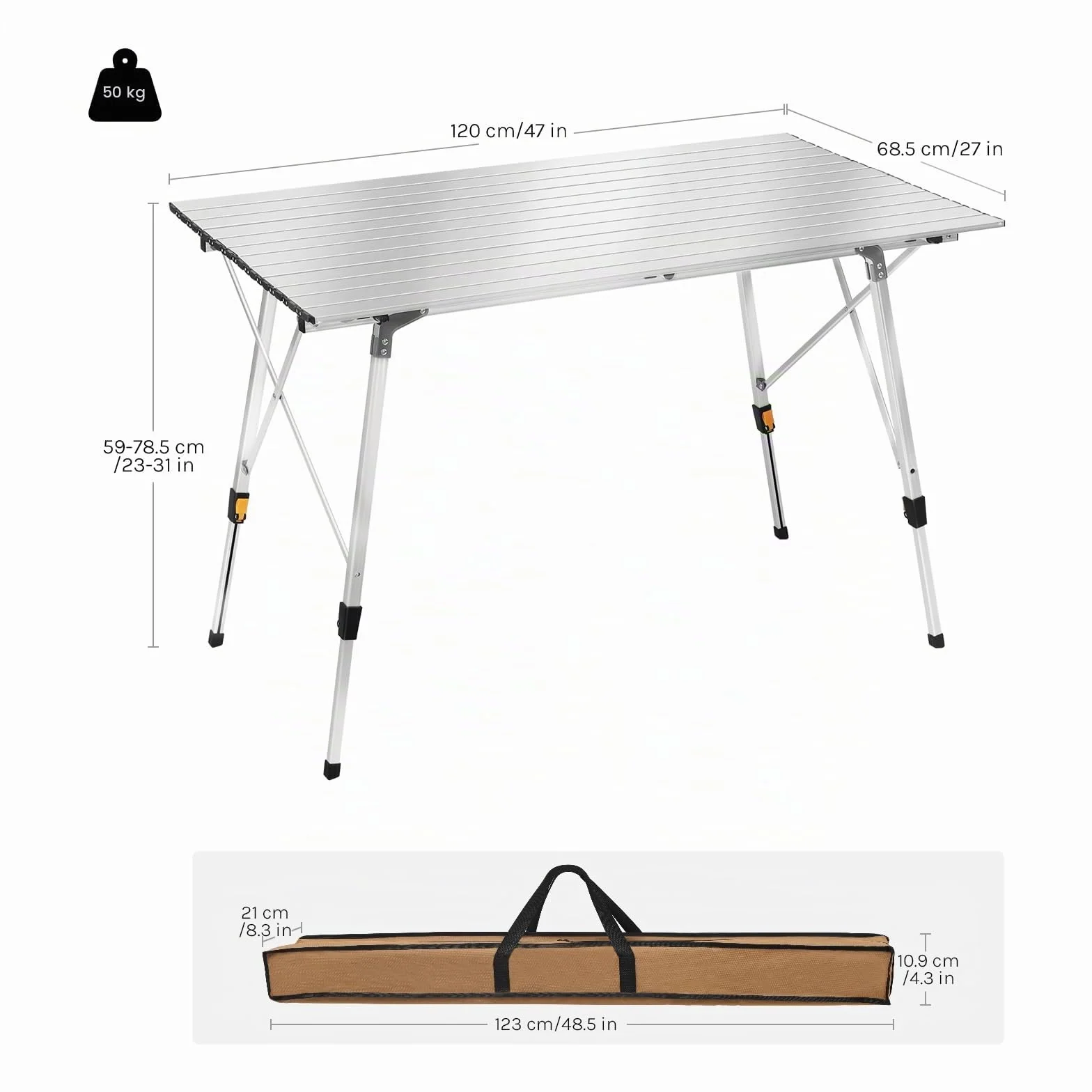 WOLTU Tavolo da Campeggio Pieghevole in Alluminio Altezza Regolabile 120x68,5x59/78,5 cm