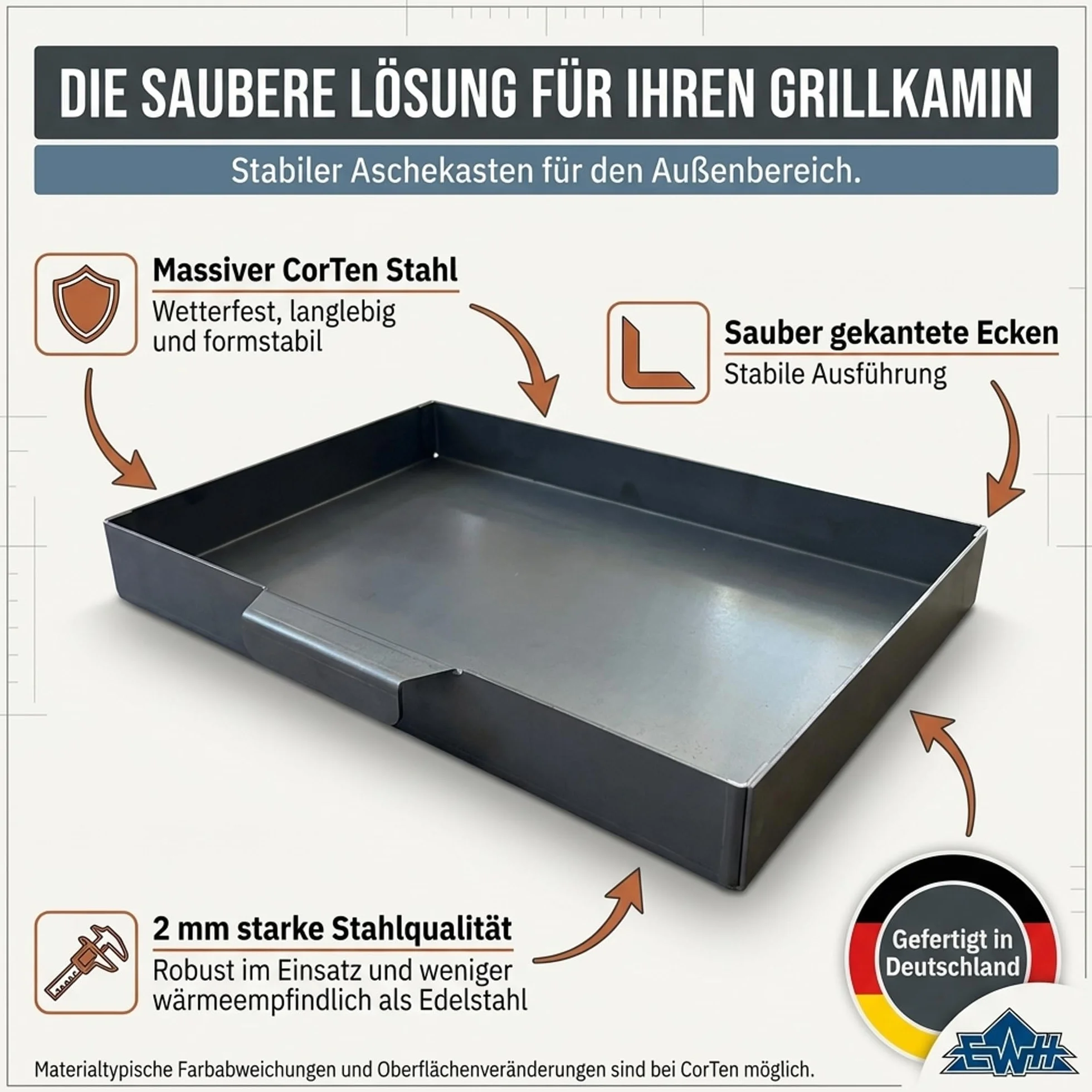 EWH Aschekasten per barbecue in acciaio CorTen resistente alle intemperie/estetica ruggine (49 x 34 cm) Contenitore per cenere/cenere per barbecue a esterno Camino esterno