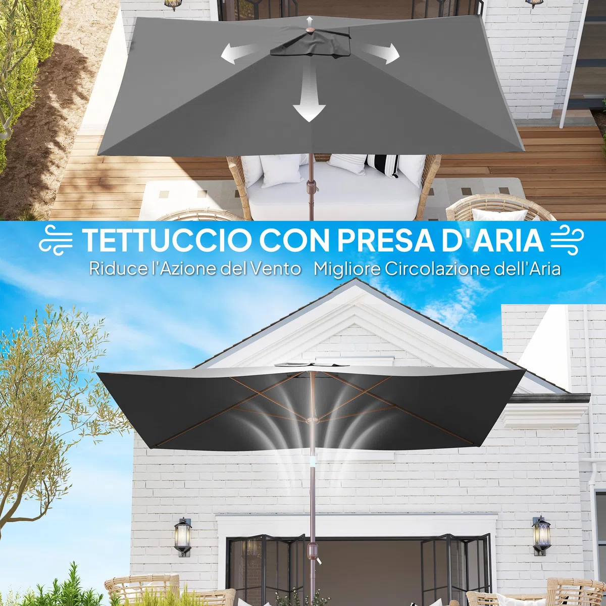 Outsunny Telo di Ricambio per Ombrellone Rettangolare 3x2 m con Presa d'Aria Superiore, Telo per Ombrellone da Giardino a 6 Stecche in Poliestere 180 g/m², Protezione UV 50+