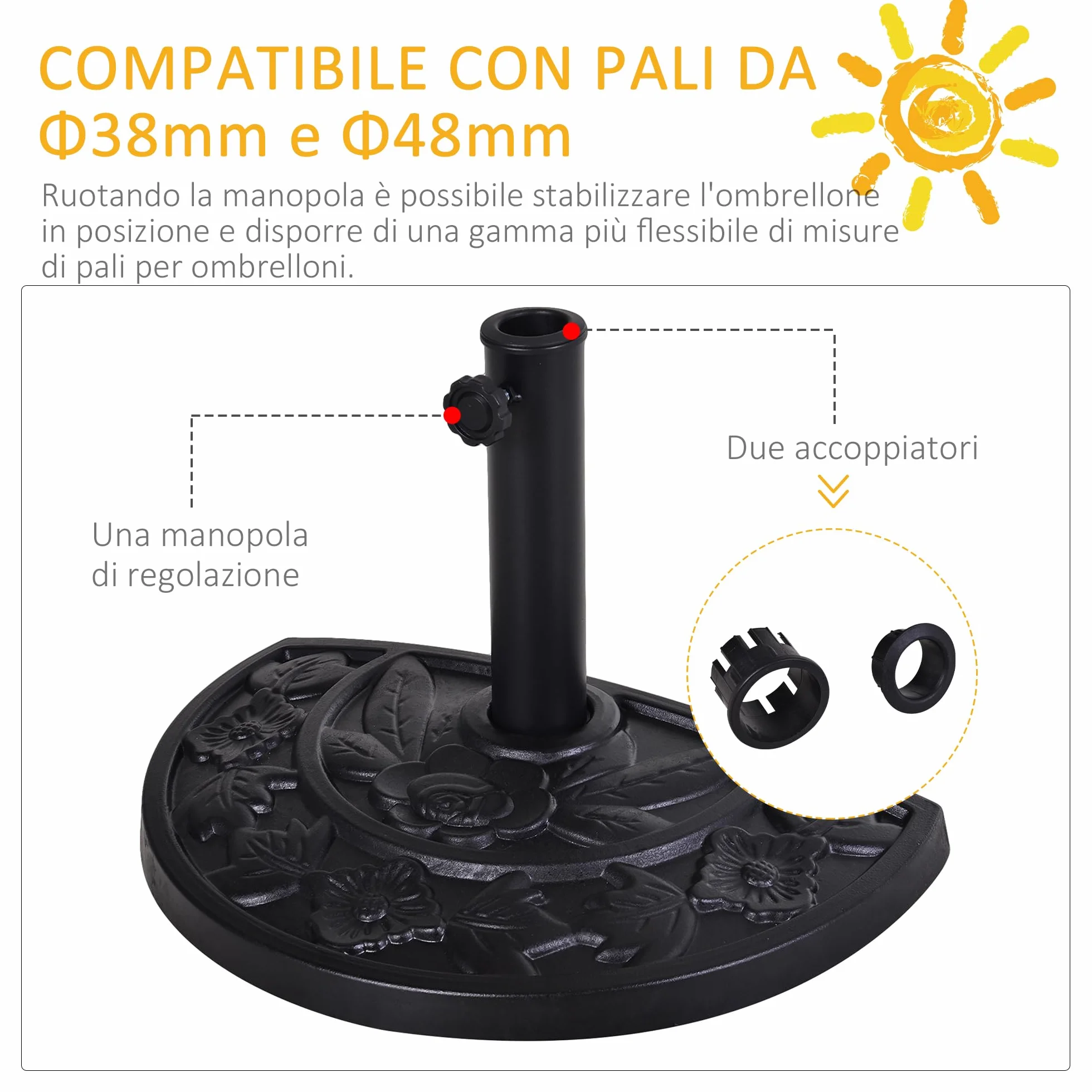 Outsunny Base per Ombrellone a Mezzaluna da Ø38 mm e Ø48 mm con Manovella, Basamento per Ombrellone in Resina, Base Ombrellone a Parete 50x31x32 cm, Nero
