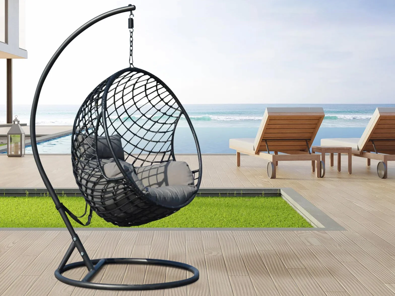 Poltrona Sospesa Lita – Sedia a Uovo in Rattan PE, Struttura in Acciaio, Cuscini Imbottiti, Design Ergonomico per Giardino, Terrazza e Interni