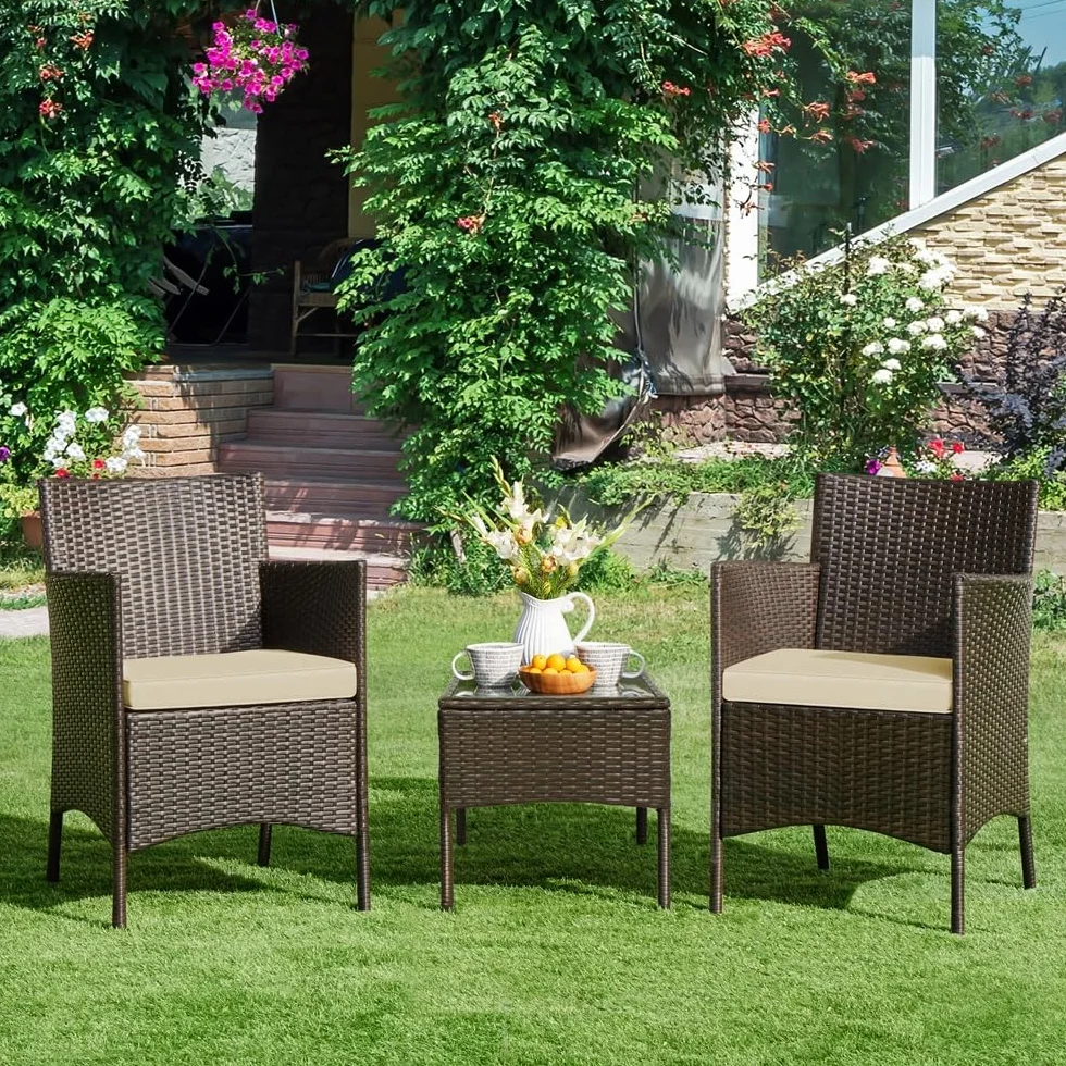 Yaheetech Set Mobili da Giardino 2 Poltrone e 1 Tavolino in Rattan PE Impermeabile Marrone