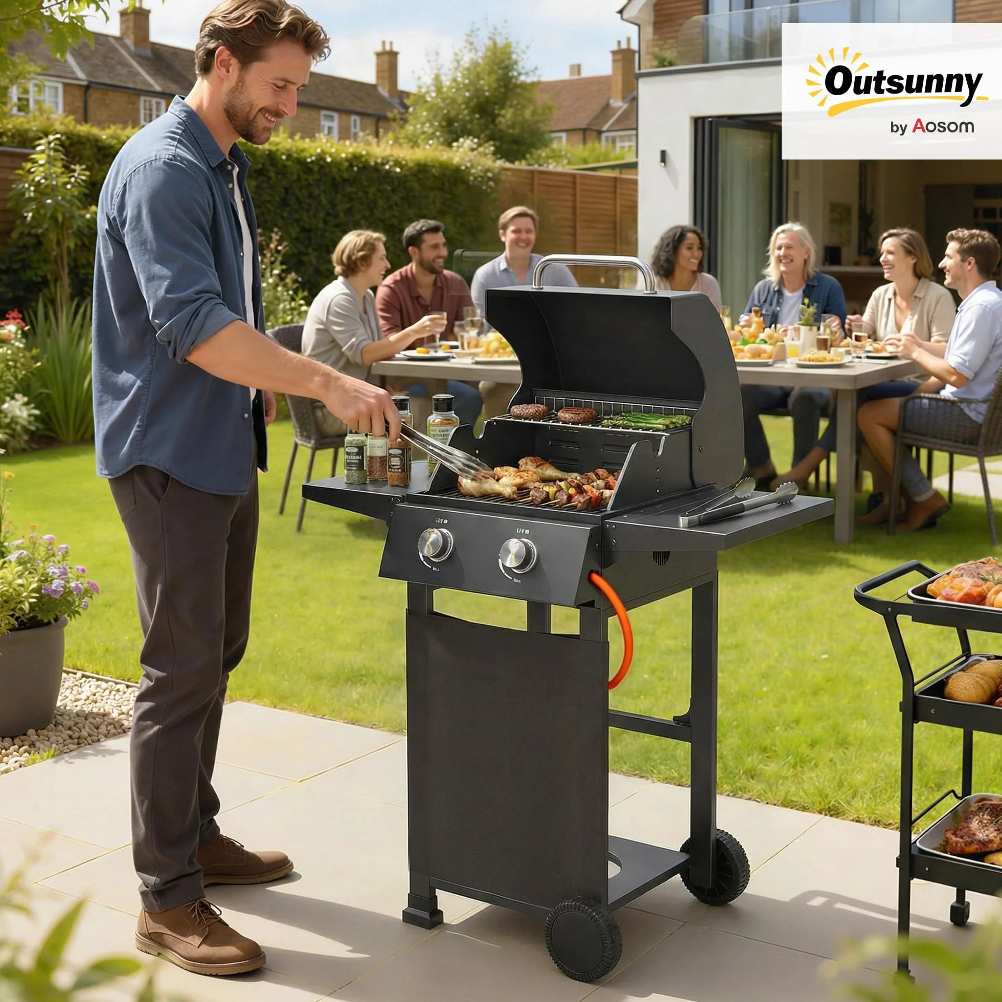 Outsunny Barbecue a Gas 2 Bruciatori 5.4 KW BBQ Portatile con Griglia Ripiani Pieghevoli Coperchio Termometro Ruote Nero