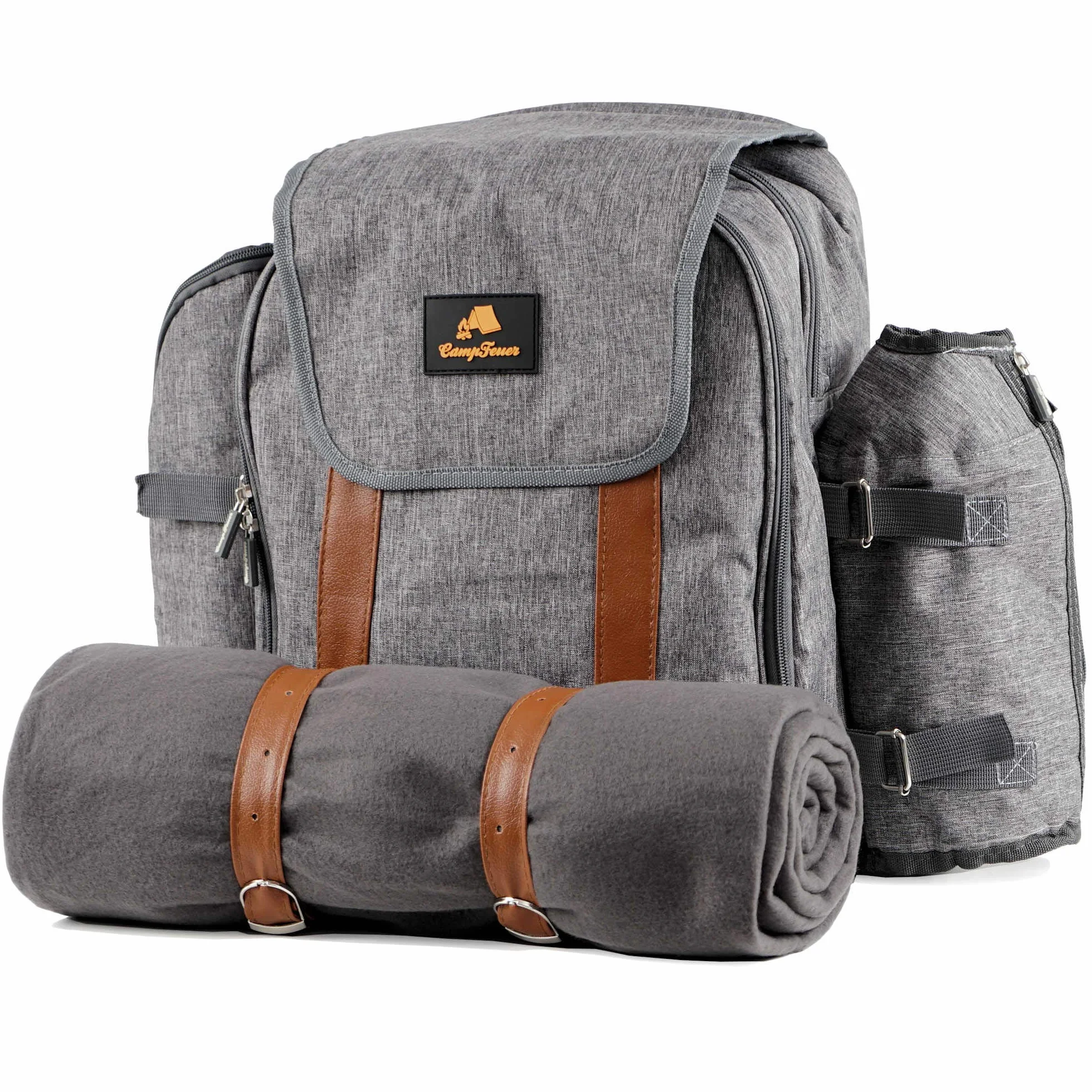 CampFeuer Zaino da Picnic per 4 persone | Set per picnic da 32 pezzi | grigio | con supporto per bottiglie, coperta da picnic, grande scomparto termico, stoviglie e posate